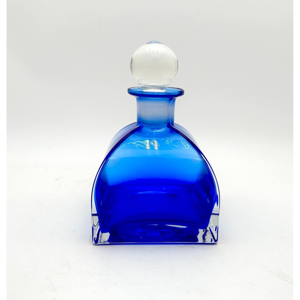 Vibrant Cobalt Blue Art Deco Glass Perfume Bottle with Clear Orb Stopper